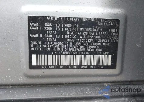 2013 Subaru Outback 2.5I Premium z USA, uszkodzony, nr VIN 4S4BRBCC5D3316736